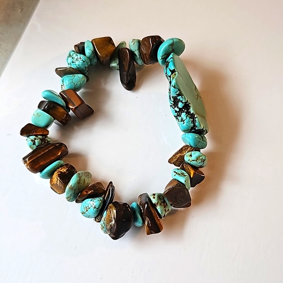 Vintage Turquoise Bracelet Blue brown nugget teardrop Sea Beach Ocean Ankle - Picture 2 of 11